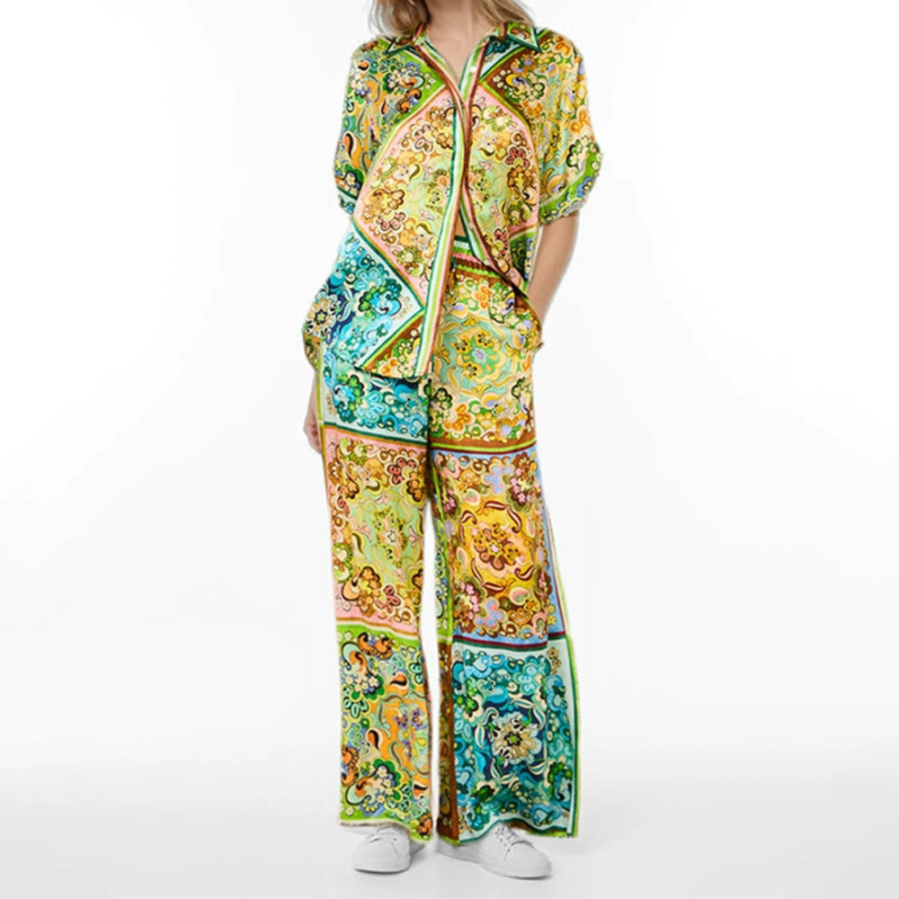 ZARA Printed Short Sleeve Collar Shirt & Wide Leg Pants 2pc